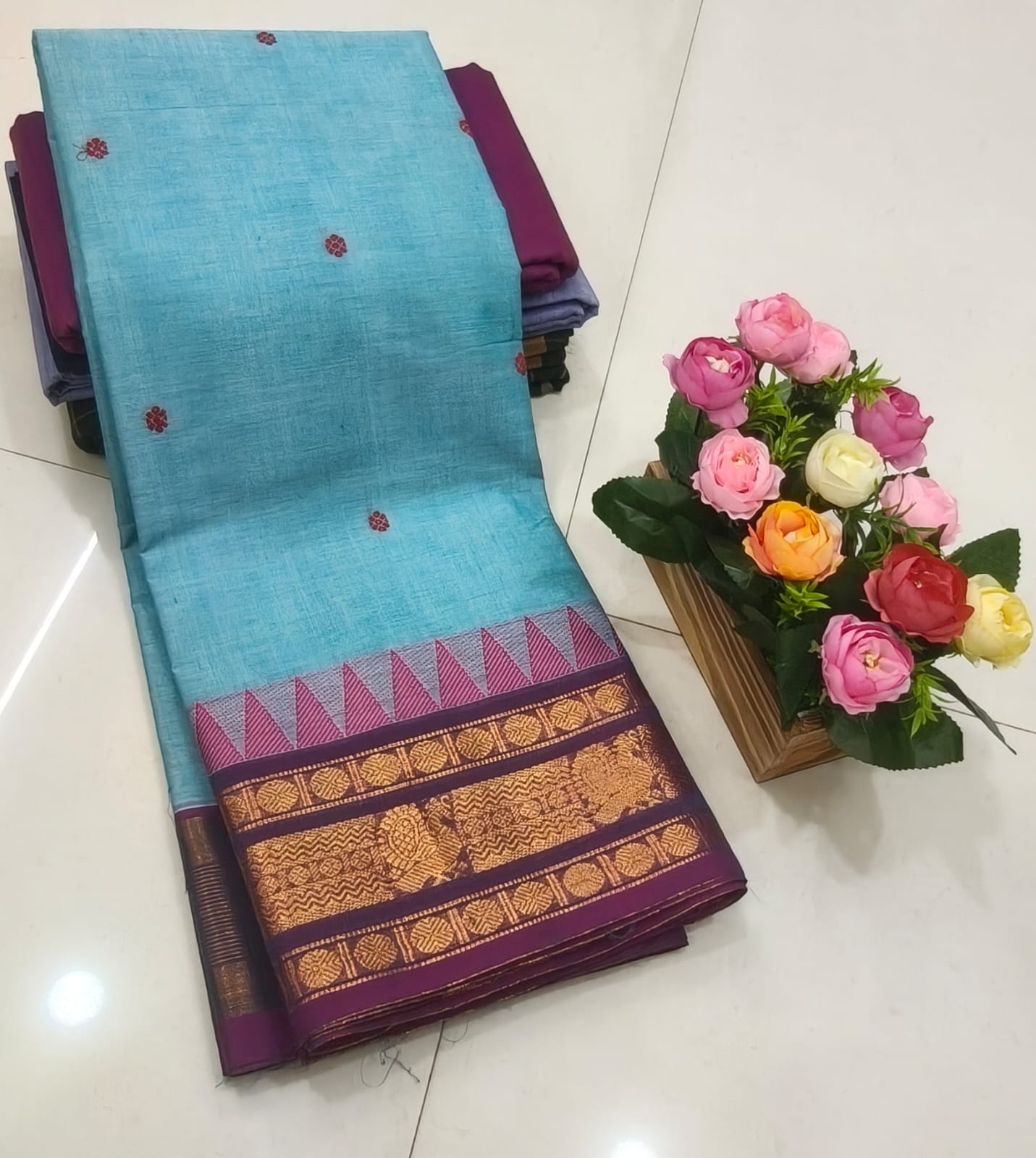 Sky Blue Kanchi Cotton Saree with Handmade Butta Work